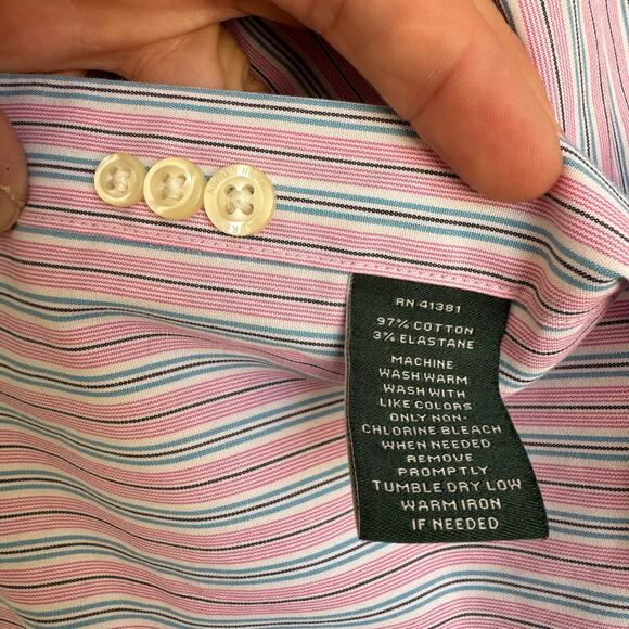 Men's Ralph Lauren Button Down Shirt Size 15 1/2 32/33 Stretch No Iron Pink Blue - Picture 4 of 14